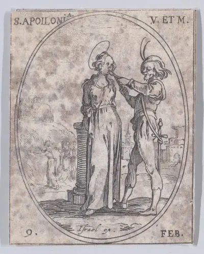 S. Apolline, vierge et martyre (St. Apollonia, Virgin and Martyr), February 9th, from "Les Images De Tous Les Saincts et Saintes de L'Année" (Images of All of the Saints and Feast Days of the Year)
