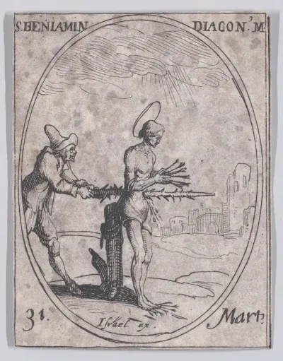S. Benjamin, diacre (St. Benjamin, Deacon), March 31st, from "Les Images De Tous Les Saincts et Saintes de L'Année" (Images of All of the Saints and Religious Events of the Year)