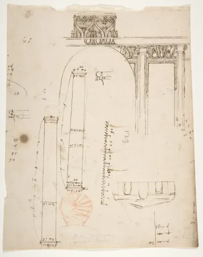 S. Costanza, drum, interior, elevation; column shafts, profiles; narthex, section; stair, detail plan (recto) stair, plans; window, elevation (verso)