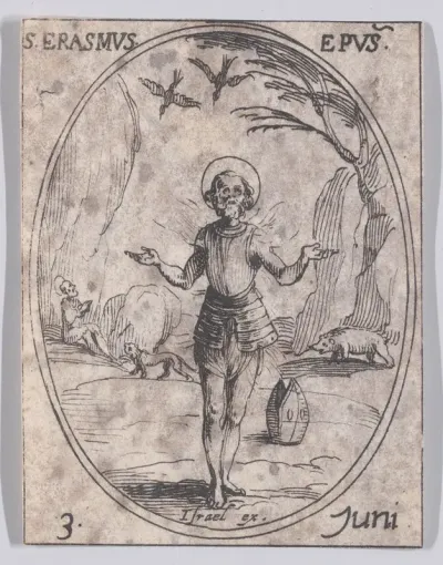 S. Erasme, évêque (St. Erasmus, Bishop), June 3rd, from "Les Images De Tous Les Saincts et Saintes de L'Année" (Images of All of the Saints and Religious Events of the Year)