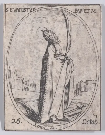 S. Evariste, pape et martyr (St. Evaristus, Pope and Martyr), October 26th, from "Les Images De Tous Les Saincts et Saintes de L'Année" (Images of All of the Saints and Religious Events of the Year)