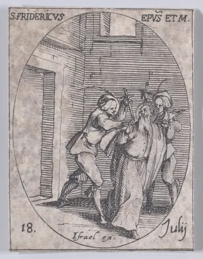 S. Frédéric, évêque et martyr (St. Frederick, Bishop and Martyr), July 18th, from "Les Images De Tous Les Saincts et Saintes de L'Année" (Images of All of the Saints and Religious Events of the Year)