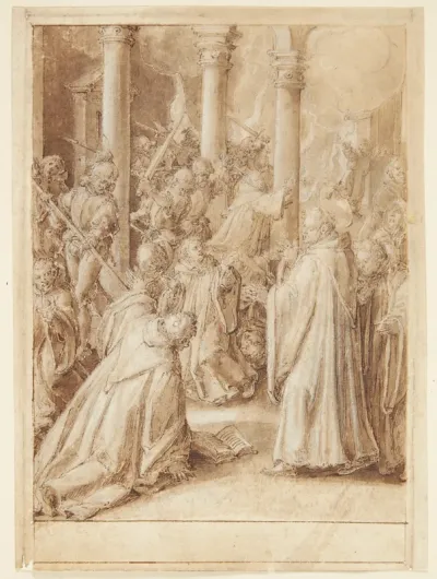 S. Giovanni Alberti Fiorentinos historie. De af bispen af Firenze udsendte soldater overfalder det kloster, hvori de tror, at Giovanni Alberti er(?)