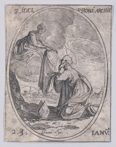 S. Ildelfonse, archevêque (St. Ildefonsus, Archbishop), January 23rd, from "Les Images De Tous Les Saincts et Saintes de L'Année" (Images of All of the Saints and Feast Days of the Year)