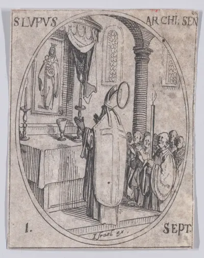 S. Leu, archevêque (St. Lupus, Archbishop), September 1st, from "Les Images De Tous Les Saincts et Saintes de L'Année" (Images of All of the Saints and Religious Events of the Year)