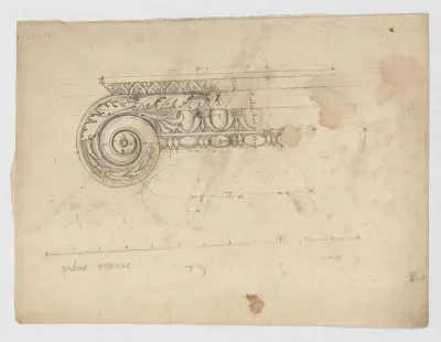 S. Maria in Trastevere, Ionic capital, volute, side elevation (recto) Unidentified, Ionic capital volute, construction diagram (verso)