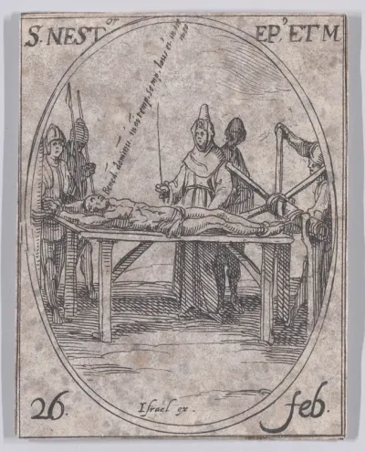 S. Nestor, évêque et martyr (St. Nestor, Bishop and Martyr), February 26th, from "Les Images De Tous Les Saincts et Saintes de L'Année" (Images of All of the Saints and Religious Events of the Year)