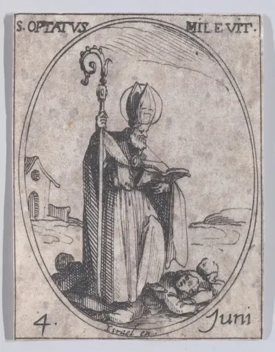 S. Optat de Milève (St. Optatus of Milevis), June 4th, from "Les Images De Tous Les Saincts et Saintes de L'Année" (Images of All of the Saints and Religious Events of the Year)