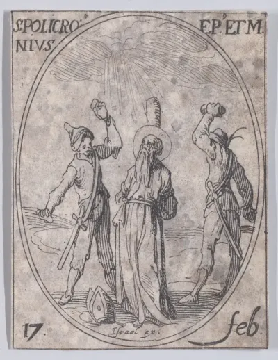 S. Polichroine, évêque et martyr (St. Polychronius, Bishop and Martyr), February 17th, from "Les Images De Tous Les Saincts et Saintes de L'Année" (Images of All of the Saints and Religious Events of the Year)
