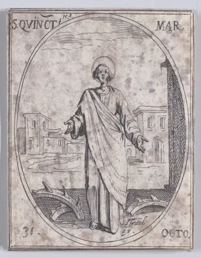 S. Quentin, martyr (St. Quintinus, Martyr), October 31st, from "Les Images De Tous Les Saincts et Saintes de L'Année" (Images of All of the Saints and Religious Events of the Year)