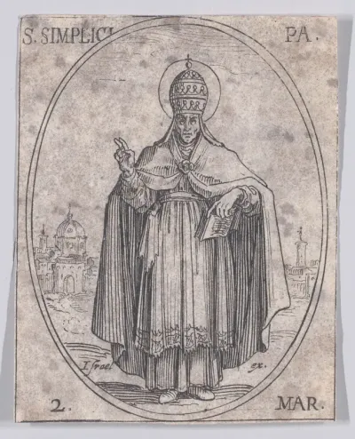 S. Simplice, pape (St. Simplicius, Pope), March 2nd, from "Les Images De Tous Les Saincts et Saintes de L'Année" (Images of All of the Saints and Religious Events of the Year)