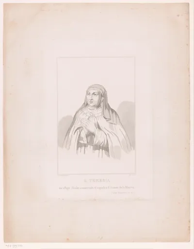 S. Teresia ex effigie Abulae conservata et signata a F. Joanne de la Miseria (Vide Riberum L.IV.c.I.)