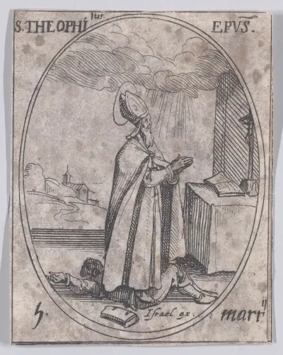 S. Théophile, évêque (St. Theophilus, Bishop), March 5th, from "Les Images De Tous Les Saincts et Saintes de L'Année" (Images of All of the Saints and Religious Events of the Year)