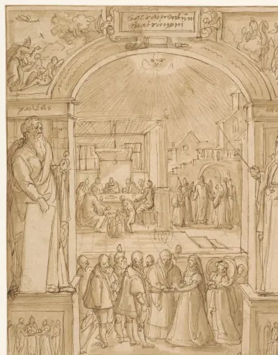Sacrament van het huwelijk, in omlijsting met Paulus en Mozes
