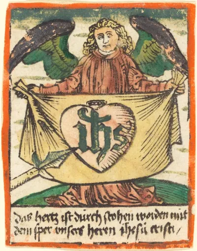 Sacred Monogram in a Sacred Heart on a Cloth Held by an Angel