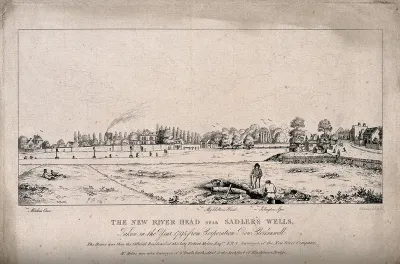 Sadler's Wells and other places of resort beside the New River: two workmen digging a trench for water-pipes in the foreground