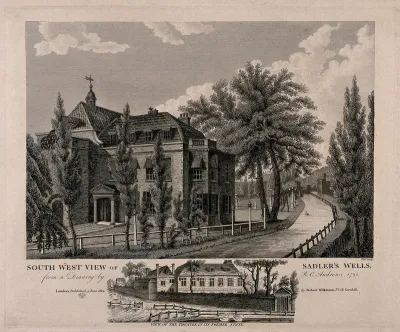 Sadler's Wells Theatre, with the New River running beside, a smaller view, below, of the older building
