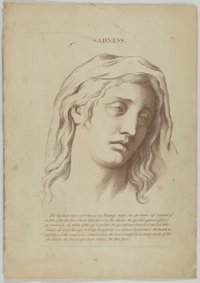 Sadness, plate 13 from "Heads Representing the Various Passions of the Soul; as they are Expressed in the Human Countenance: Drawn by that Great Master Monsieur Le Brun"