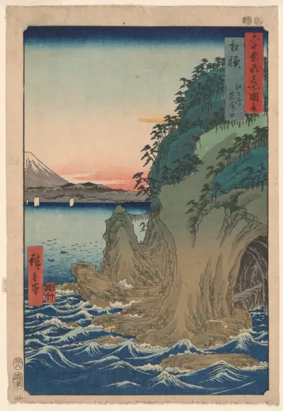 Sagami Province: Entrance to the Caves at Enoshima (Sagami, Enoshima iwaya no kuchi), from the series "Famous Places in the Sixty-odd Provinces (Rokujuyoshu meisho zue)"