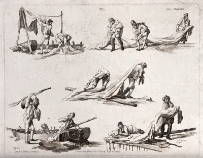Sail makers cut and stretch out sailcloth, hang it up and fit it to masts