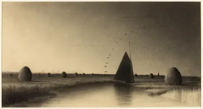 Sailboat and Haystacks on Newbury Marsh