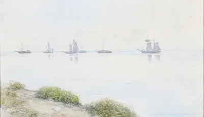 Sailboats on still waters off a coast.