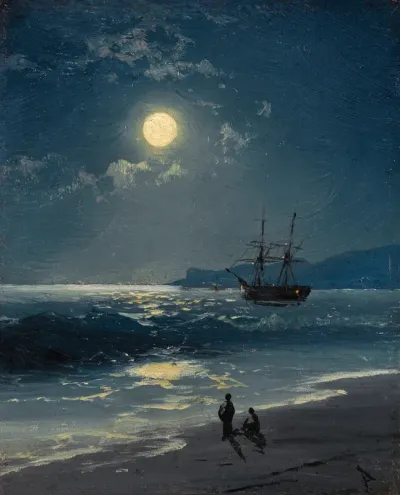Sailing Ship on a calm sea by Moonlight