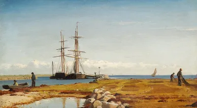 Sailing ships at a jetty and fishermen tending to their nets.