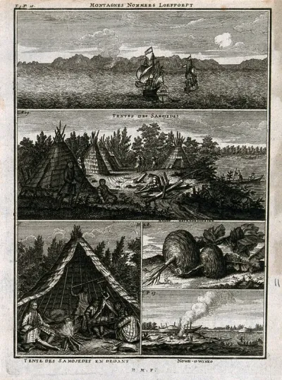 Sailing ships at sea, turnip-like plants found in northern Russia and the Samoyed people with their tents and boats, in separate plates