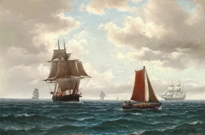 Sailing ships at sea.