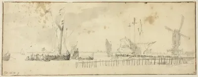 Sailing Ships in Harbor near Windmill