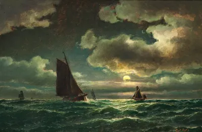 Sailing ships in moonlight.