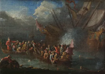 Sailors escaping from a burning ship