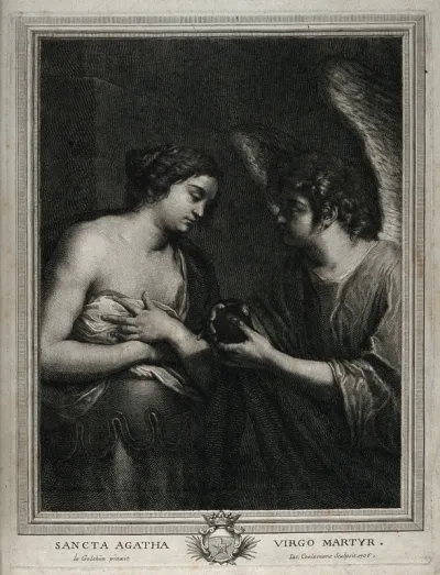 Saint Agatha. Engraving by J. Coelemans, 1706, after G.F. Barbieri, il Guercino, 16--