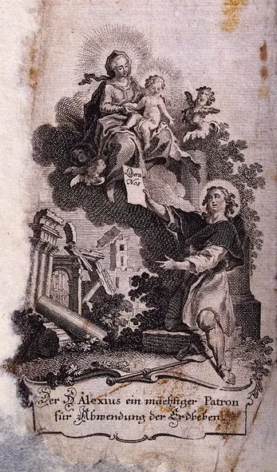 Saint Alexius (Alexis) intercedes before the Virgin for protection against earthquakes