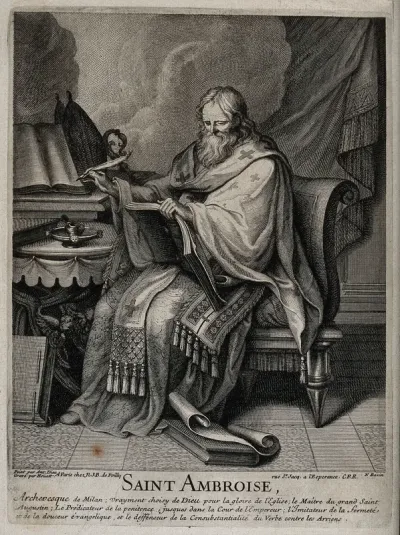 Saint Ambrose. Line engraving by Houatt and N. Bazin after A. Dieu