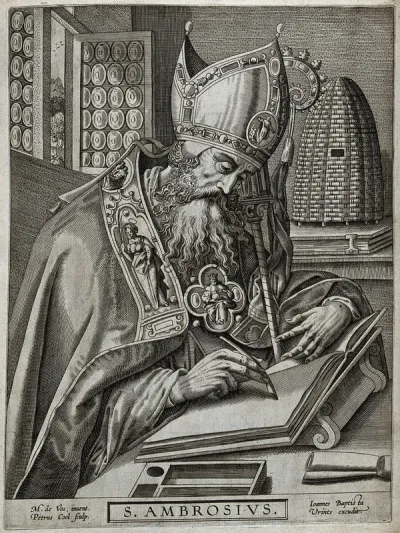 Saint Ambrose. Line engraving by P. Cool after M. de Vos