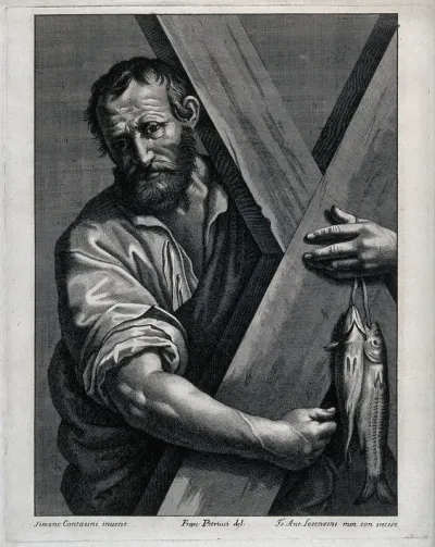 Saint Andrew, embracing his cross and holding two fish