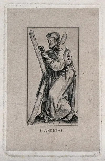 Saint Andrew. Line engraving by A. Petrak after M. Schongauer