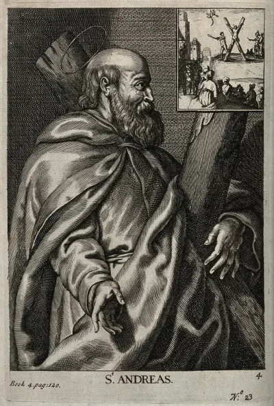 Saint Andrew; (right) his martyrdom