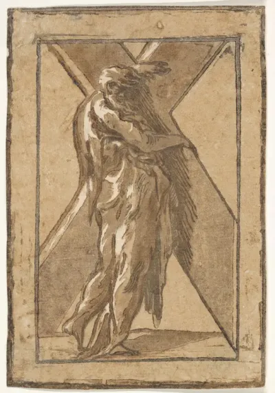 Saint Andrew standing in profile holding a large cross, from "Twelve Apostles"