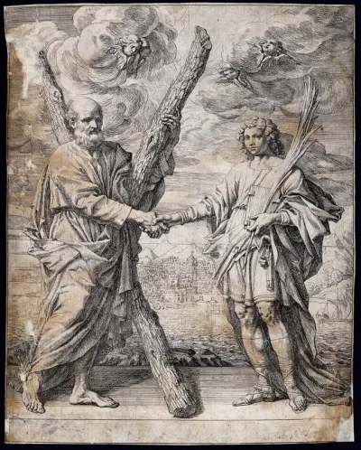 Saint Andrew the apostle shaking hands with Saint Fabian, and a city behind