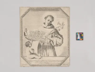 Saint Anthony of Padua holding a lily and a scroll, with an infant at lower left