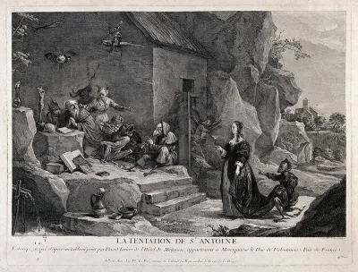 Saint Antony Abbot: he is tormented by devils, one of whom is disguised as a woman offering him a glass
