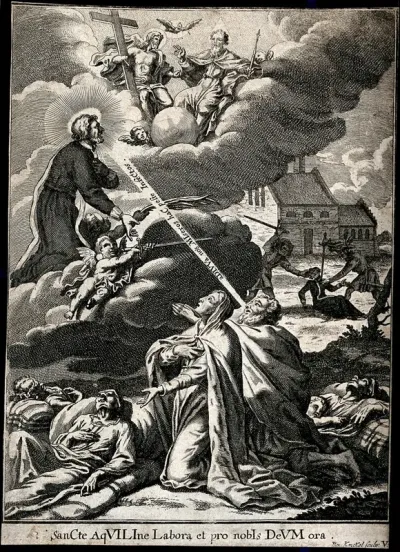 Saint Aquilinus of Milan intercedes before the Holy Trinity for people praying to him for protection against plague