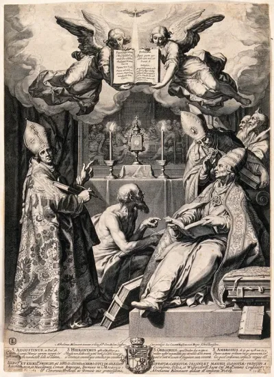Saint Augustine of Hippo, Saint Jerome, Saint Gregory the Great and Saint Ambrose with other figures and angels