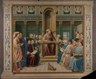 Saint Augustine of Hippo, sated on a raised cathedra, lecturing on rhetoric in Milan