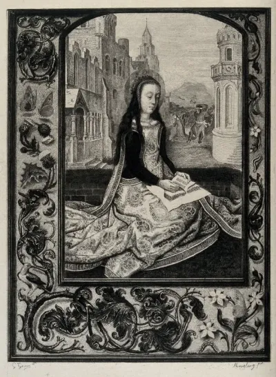 Saint Barbara. Etching by G.M. Greux after H. Memling (?)
