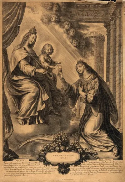 Saint Barbara: she holds a burning heart before the Christ Child held by the Virgin