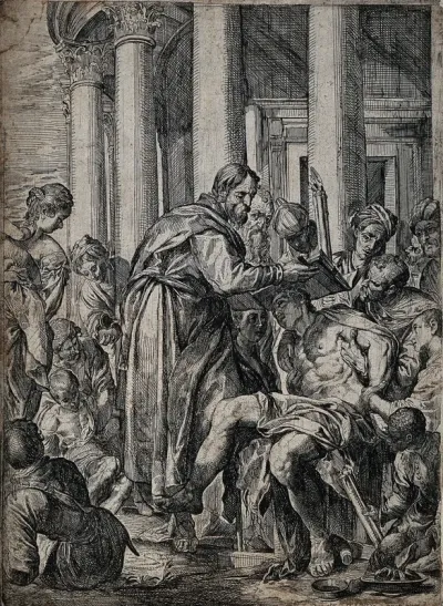 Saint Barnabas: he cures a sick man by holding the gospel of Saint Matthew over the man's head